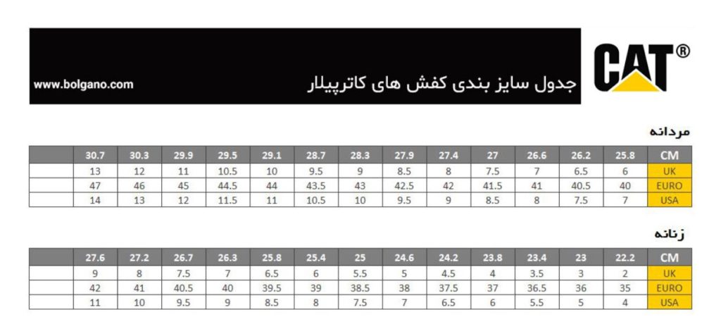 جدول سایزبندی کفش های کاترپیلار برای تعیین سایز کفش زنانه