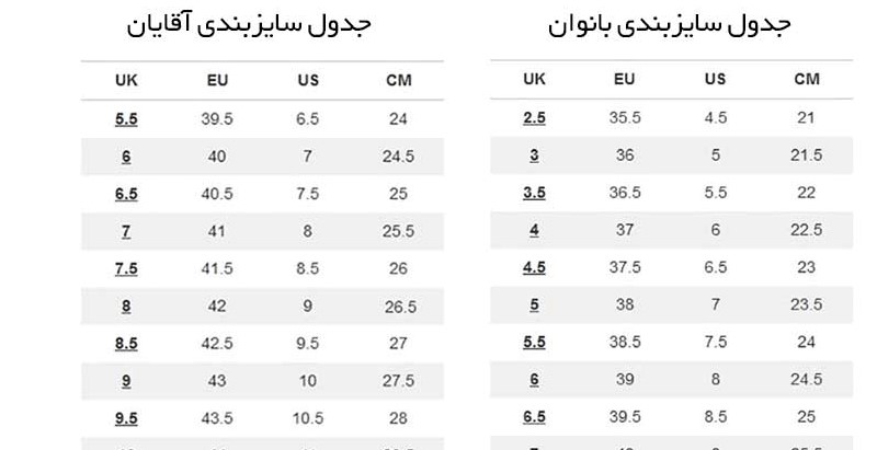 جدول سایز کفش برای خرید اینترنتی